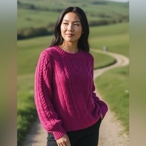 Talbots Wool Chunky Cable Knit Sweater XL Fuscia Pink Balloon Sleeve Crew Neck